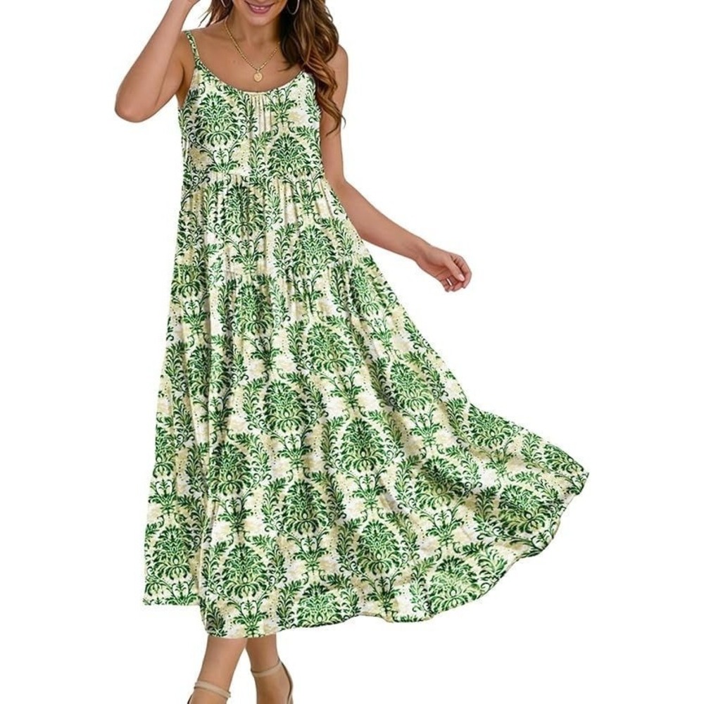 Yesno Summer Boho Spaghetti Straps Beach Maxi Dress w/ Pockets - Green - L